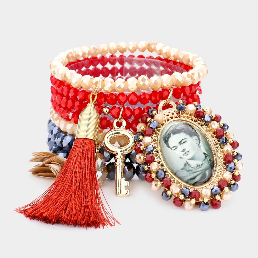 Frida Kahlo Red Beaded 7 PC Stretch Charms MultiLayered Bracelets Jewelry